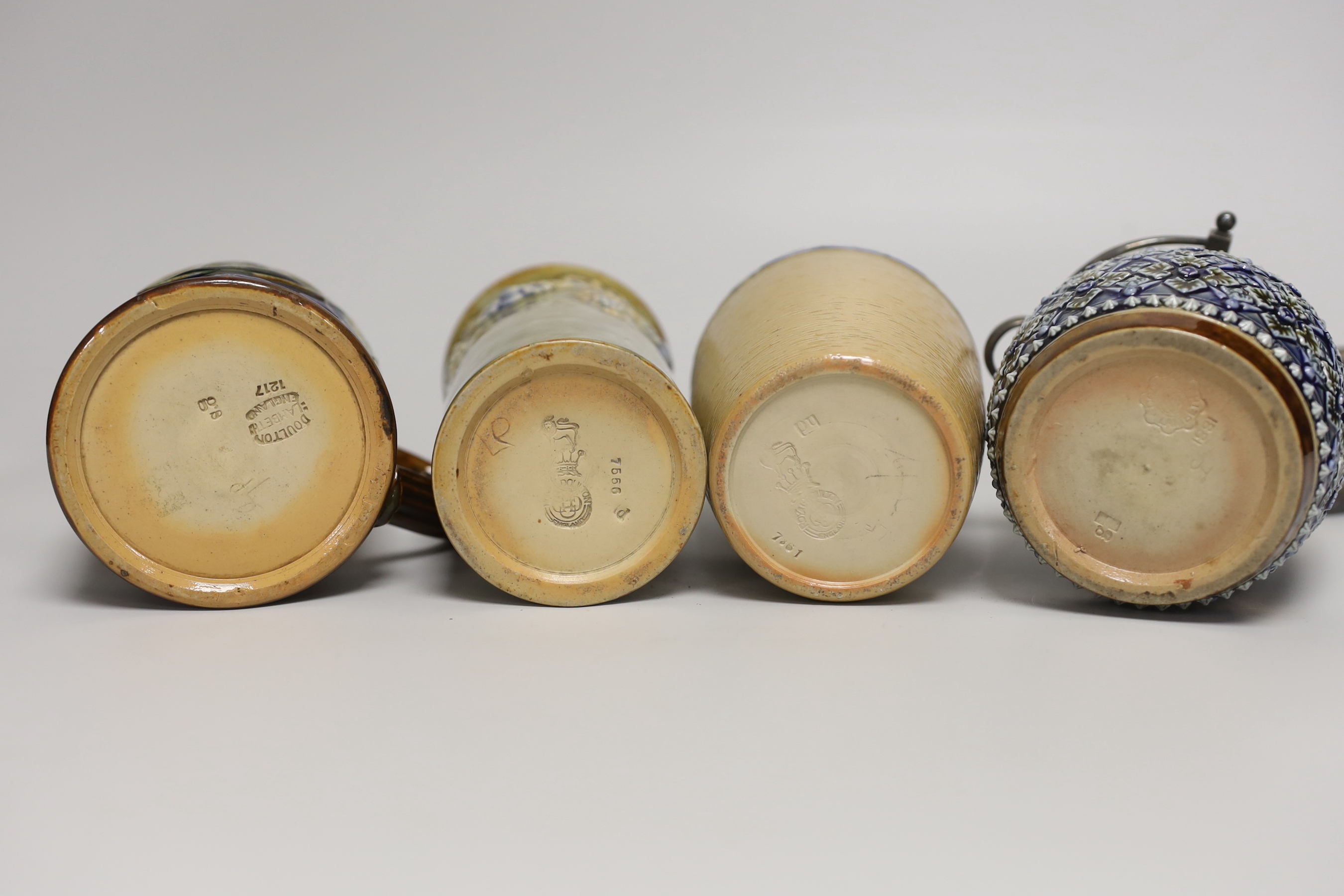 A Doulton Lambeth stoneware silver mounted jar and cover, two vases and a commemorative mug, tallest 15cm